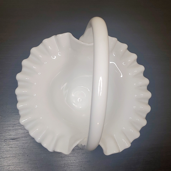 Fenton Hobnail Milk Glass Ruffle Bowl with Handle Simple Wedding Trinket Basket - Picture 2 of 5
